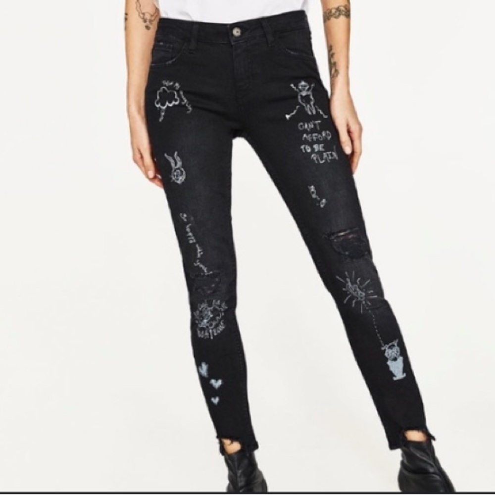 RARE - ZARA Basic z1975 Denim Women Graffiti Drawing Distressed Jeans | …